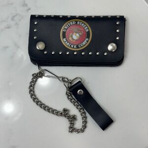 USMC Chain Wallet Black Leather Studded Biker Marine Corps Trifold